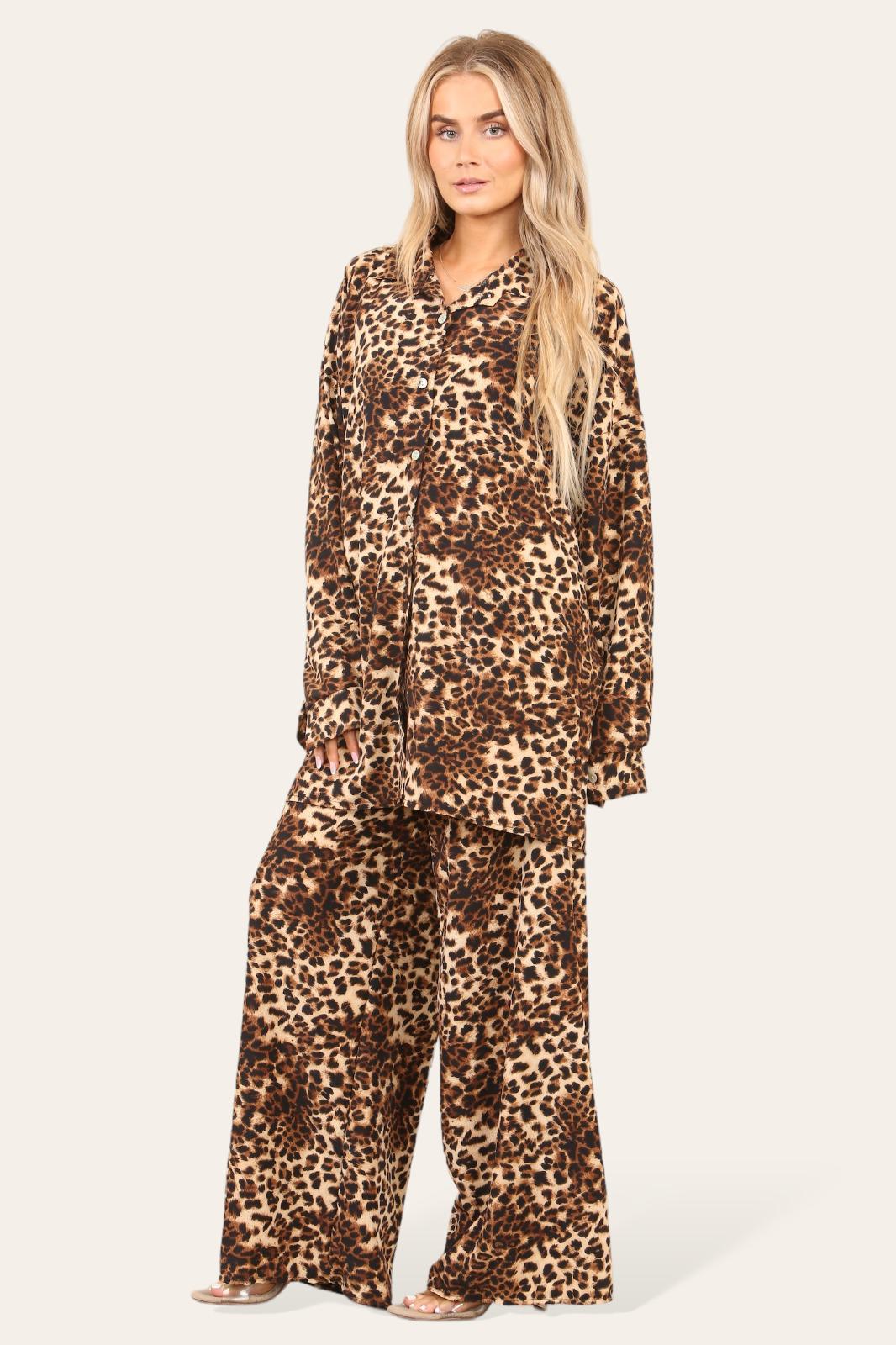 LUXE DIVA LADIES BROWN LEOPARD ITALAIN 2 PIECE SHIRT BLOUSE WITH WIDE LEG PLAZZO TRS SUIT LOUNGE WEAR LOOSE FIT