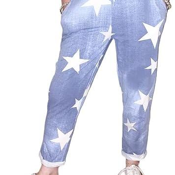 LUXEDIVA  Women’s Ladies Denim Joggers Star Printed Sweatpants Floral Ribbed Waistband Trousers Ladies Casual Summer Drawstring Italian Gym Running Pants Plus Size 8-22