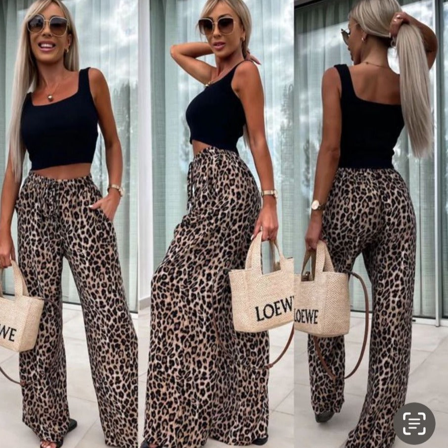 LUXE DIVA Womens Ladies Wide Leg Leopard Print Palazzo Trouser