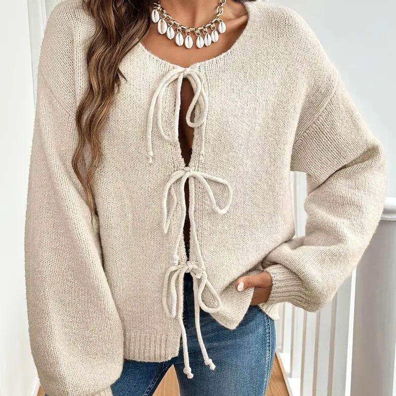 LUXE DIVA Women’s Bow Tie Oversized Sweate V Neck Knit Cardigan Cute Long Sleeve Pullover Top