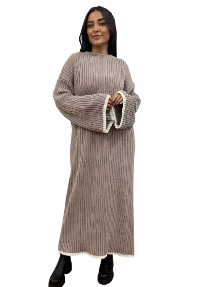 LUXE DIVA Women's Knitted Dress with Contrast Edge Knitted Dress Long