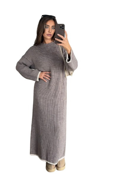 LUXE DIVA Women's Knitted Dress with Contrast Edge Knitted Dress Long