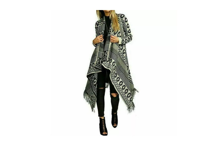 LUXE DIVA Ladies Womens Long Sleeve Knitted Aztec Pattern Open Waterfall Tassel Cardigan Aztec Diamond