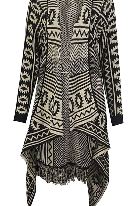 LUXE DIVA Ladies Womens Long Sleeve Knitted Aztec Pattern Open Waterfall Tassel Cardigan Aztec Diamond