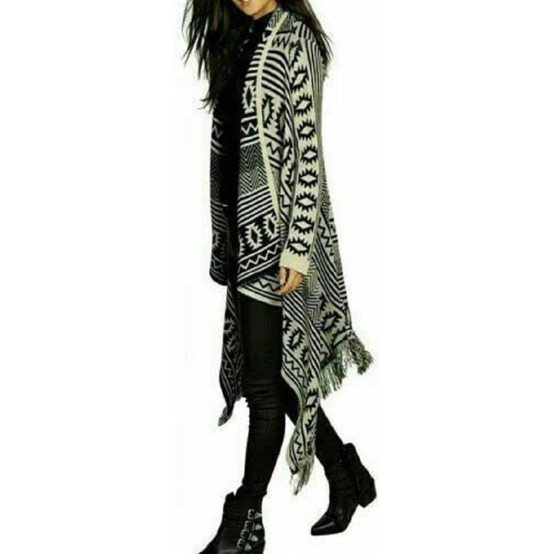 LUXE DIVA Ladies Womens Long Sleeve Knitted Aztec Pattern Open Waterfall Tassel Cardigan Aztec Diamond