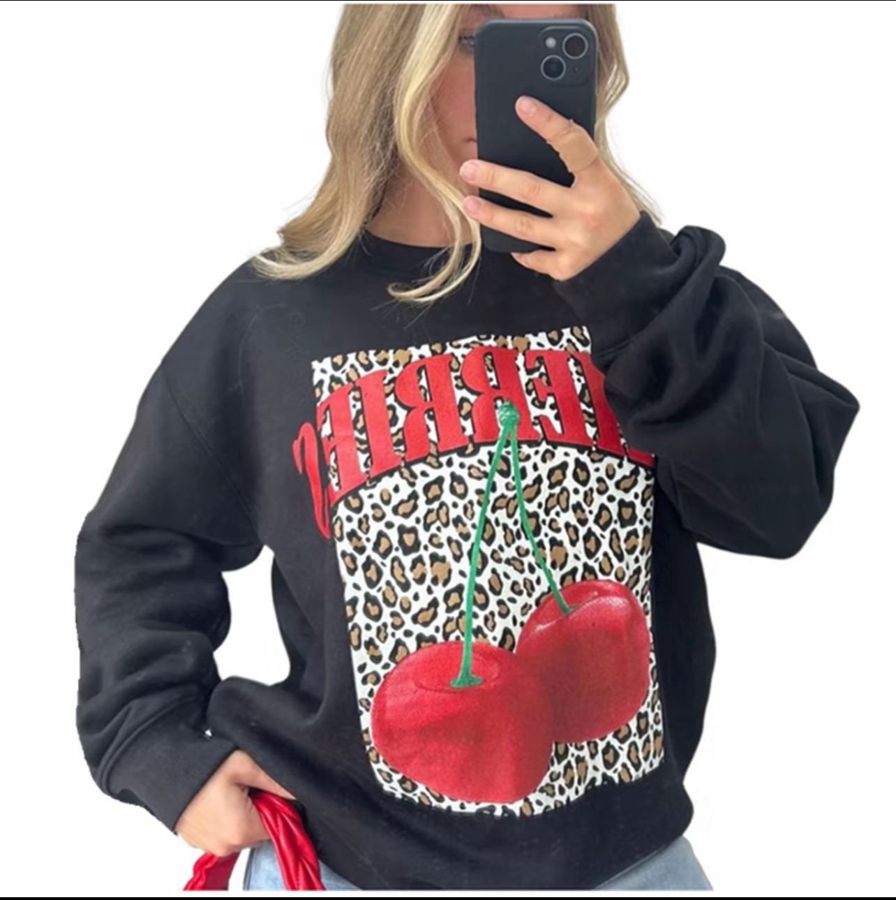 LUXE DIVA Ladies Long Sleeve Cherries Leopard Print Sweatshirt