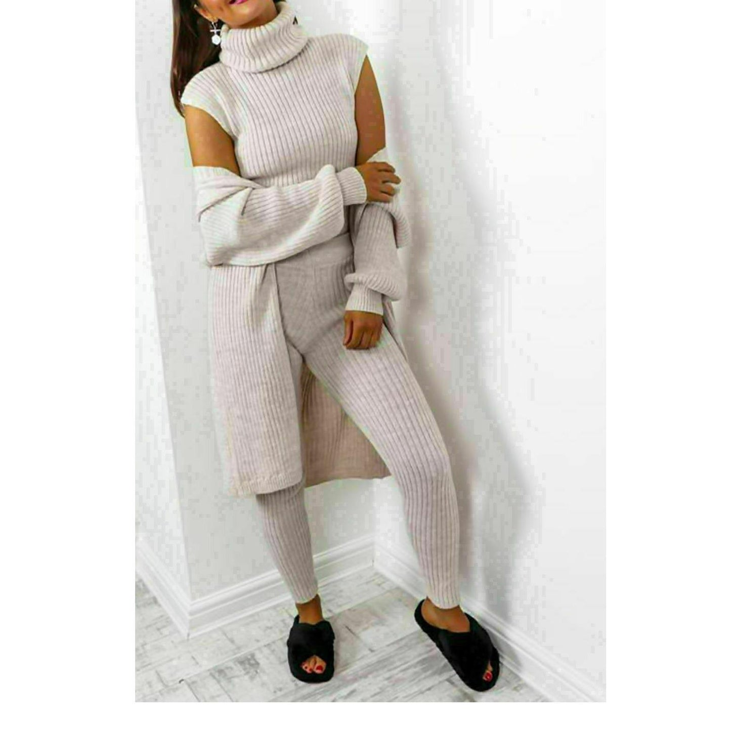 LUXE DIVA Ladies Girls 3 Piece Suit Roll Neck Chunky Knitted Tracksuit Rib Lounge Wear Set