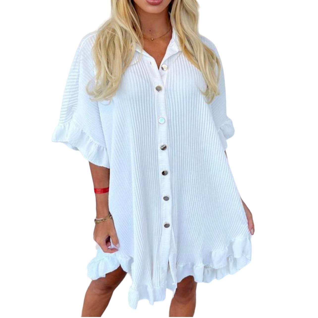 LUXE DIVA Women's Ladies Gold Button Pleated Frill Summer Shirt Swing Smock Mini Dress Top