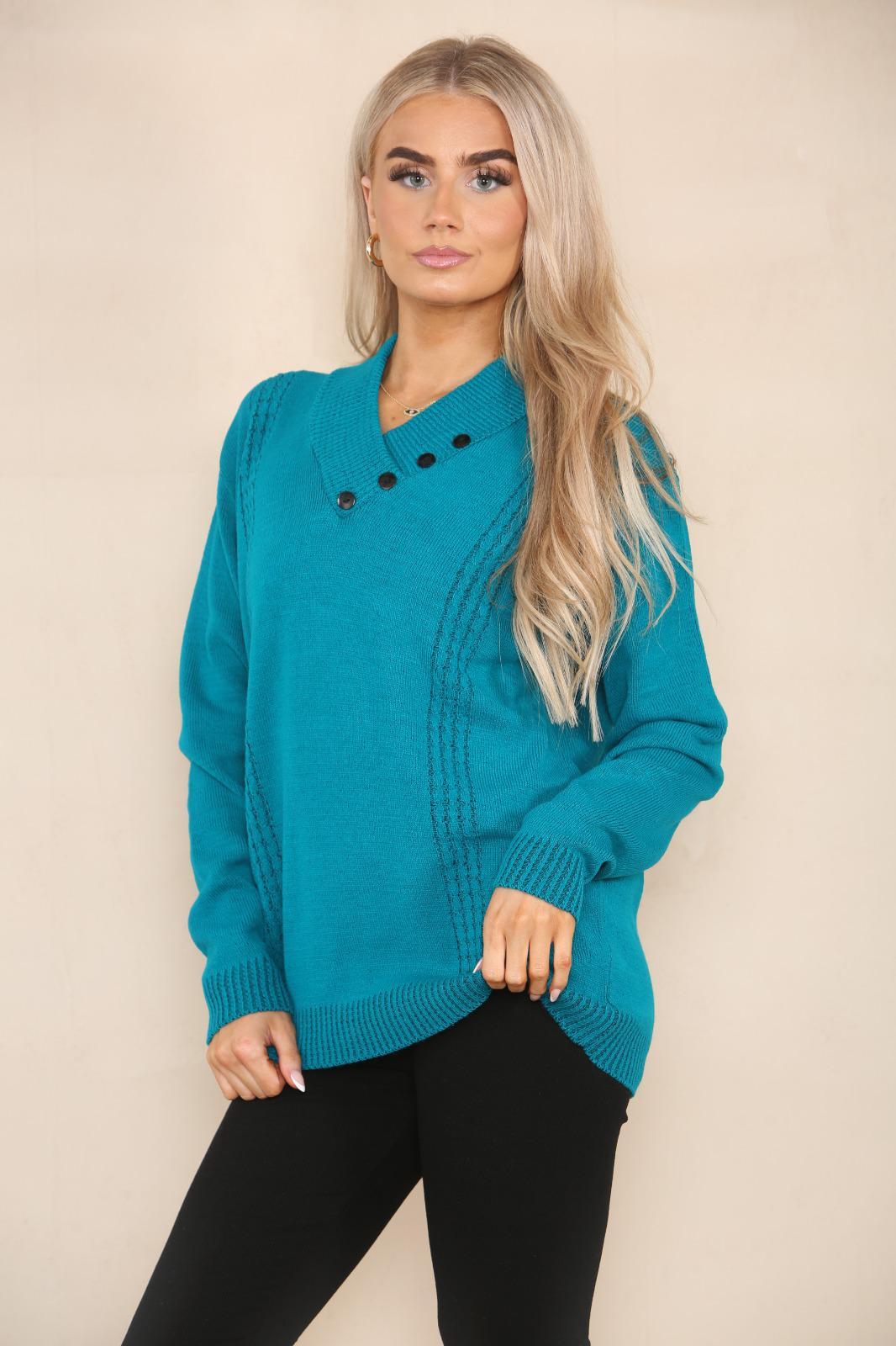 LADIES LONG SLEEVE KNITTED JUMPER VNECK SHAWN COLLAR WITH 4 BUTTONS