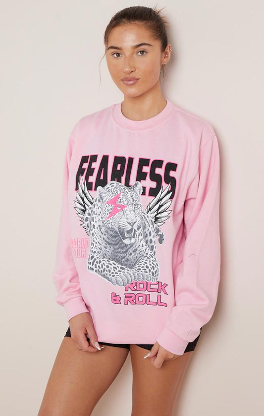 Ladies FEARLESS Tiger Print ROCK & ROLL Sweatshirt Women’s Oversized Sweater Jumper Top