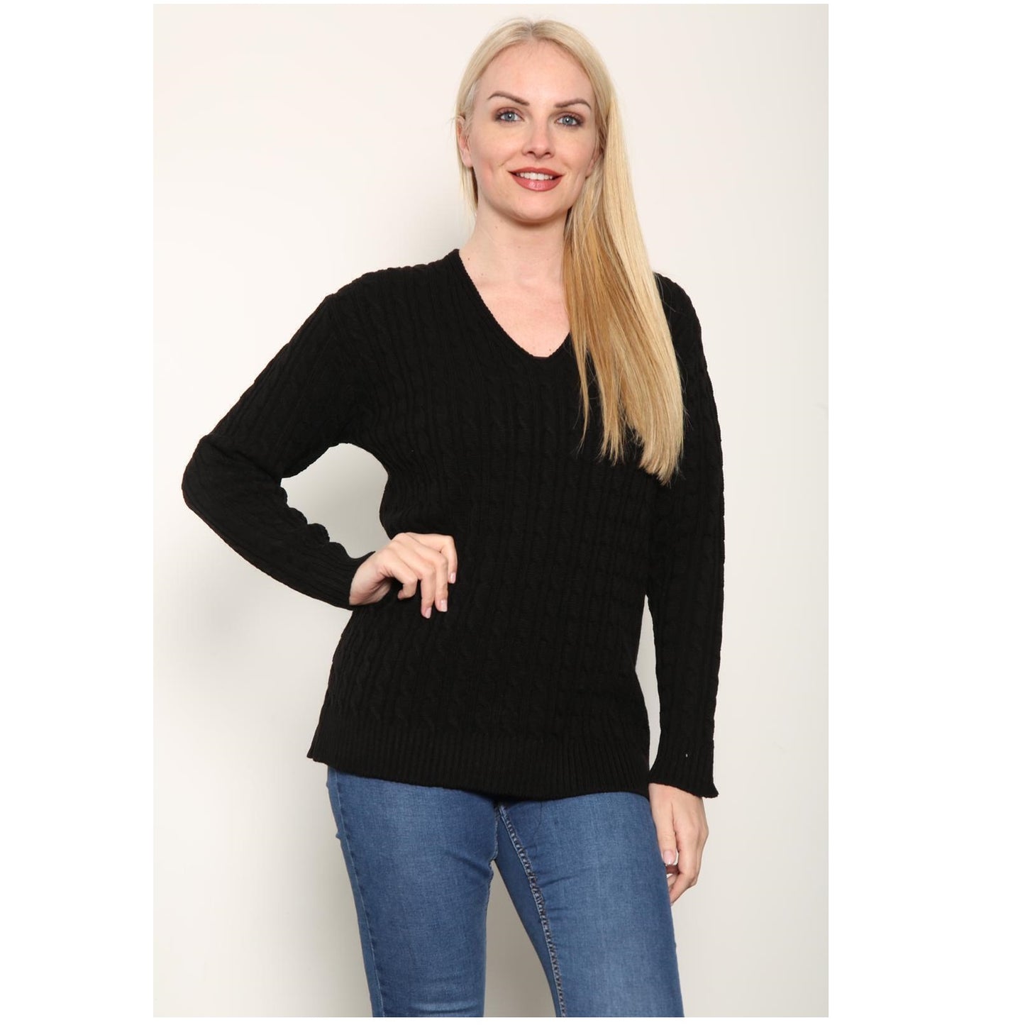 Ladies Long Sleeve V-Neck Knitted Cable Jumper