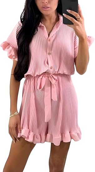 LUXEDIVA Ladies Belted Pleated Collard Smock Frill Shirt Dress Women Gold Button Playsuit