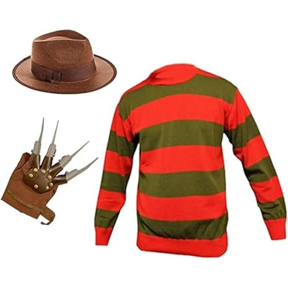 LUXE DIVA Men's Halloween Costume Red Green Stripe Knitted Jumper Explore Hat Scary Mask & Claw Hand Glove Halloween Cosplay Horror Fancy Dress Costume Suit Sweater+Top+Hat+Mask+Glove For Adult