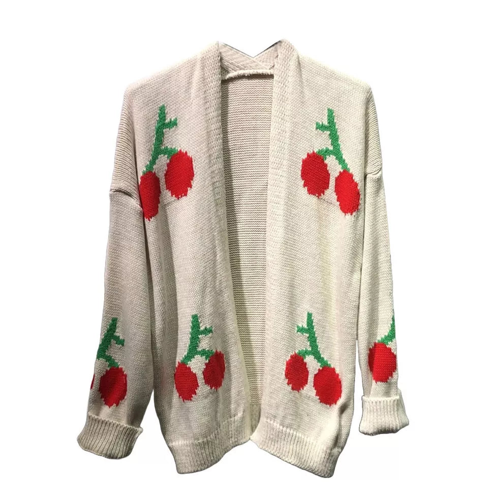 LUXE DIVA Womens Long Sleeve Cherries Print Open Front Knitted Jumper Cardigan 8-14