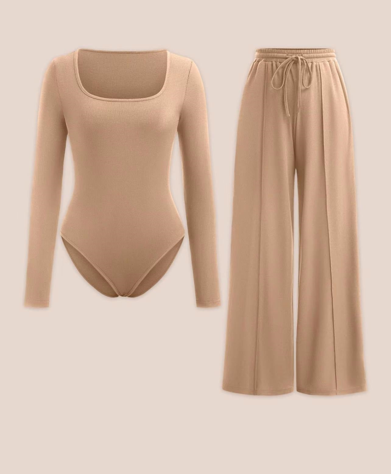 LUXE DIVA Ladies scoop neck Ribbed Long sleeve bodysuit & elasticated wide leg trouser two piece set