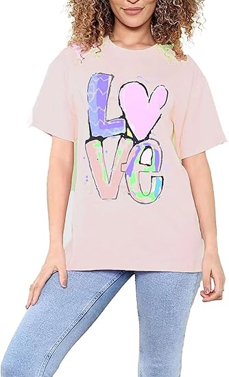 New Womens Ladies Short Sleeve Oversize Colorful LOVE Print Summer T-Shirt Top