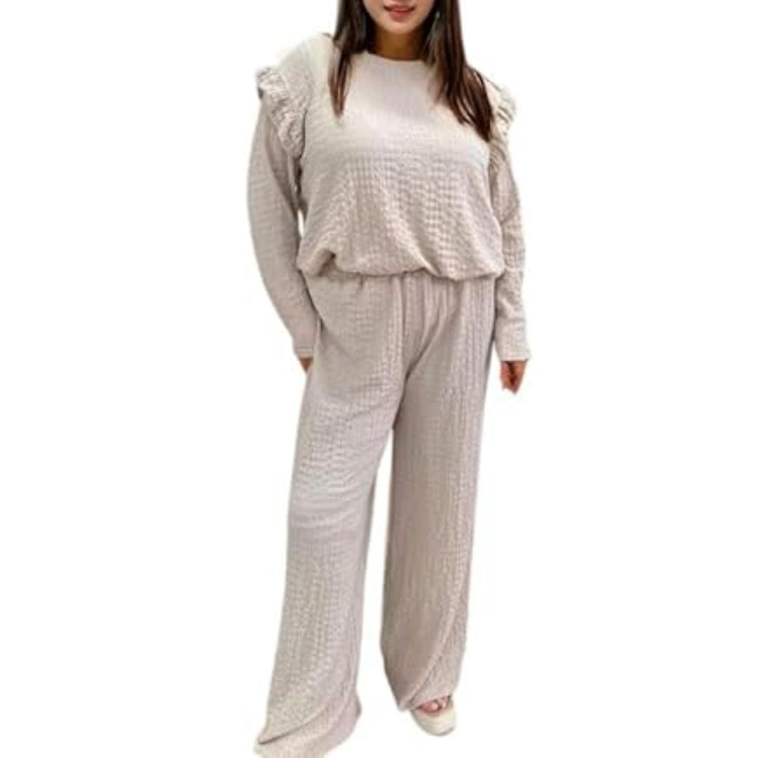 LUXE DIVA Ladies Frill arm Long Sleeve 2pcs Women's Wide Flared Leggings Trouser Loungewear Suit