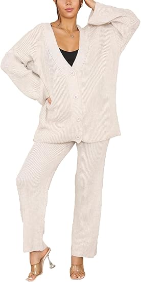 Womens Knitted Loungewear Sets Ladies Plain Chunky 4 Button Casual Winter Warm Oversized Baggy Loose Fit Ladies 2 Piece Tracksuits UK 8-14