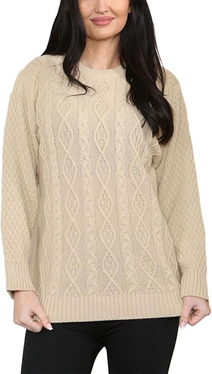 LUXE DIVA LADIES ROUND NECK LONG SLEEVE KNITTED JUMPER SELF PATTERN WITH DIAMOND ALL WAY DOWN CABLE KNIT