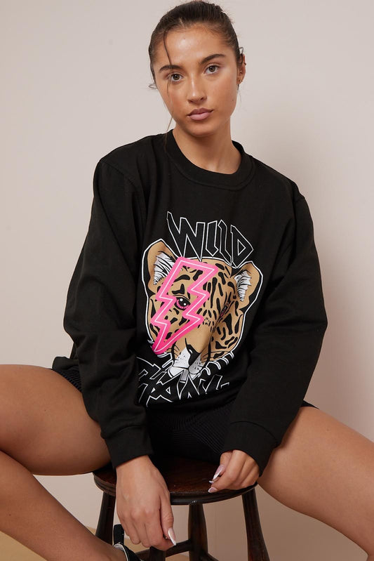 Ladies Wild Thang Tiger Print Slogan Sweatshirt Womens Halloween Jumper Casual Top Ladies Oversized Sweater Jumper Top