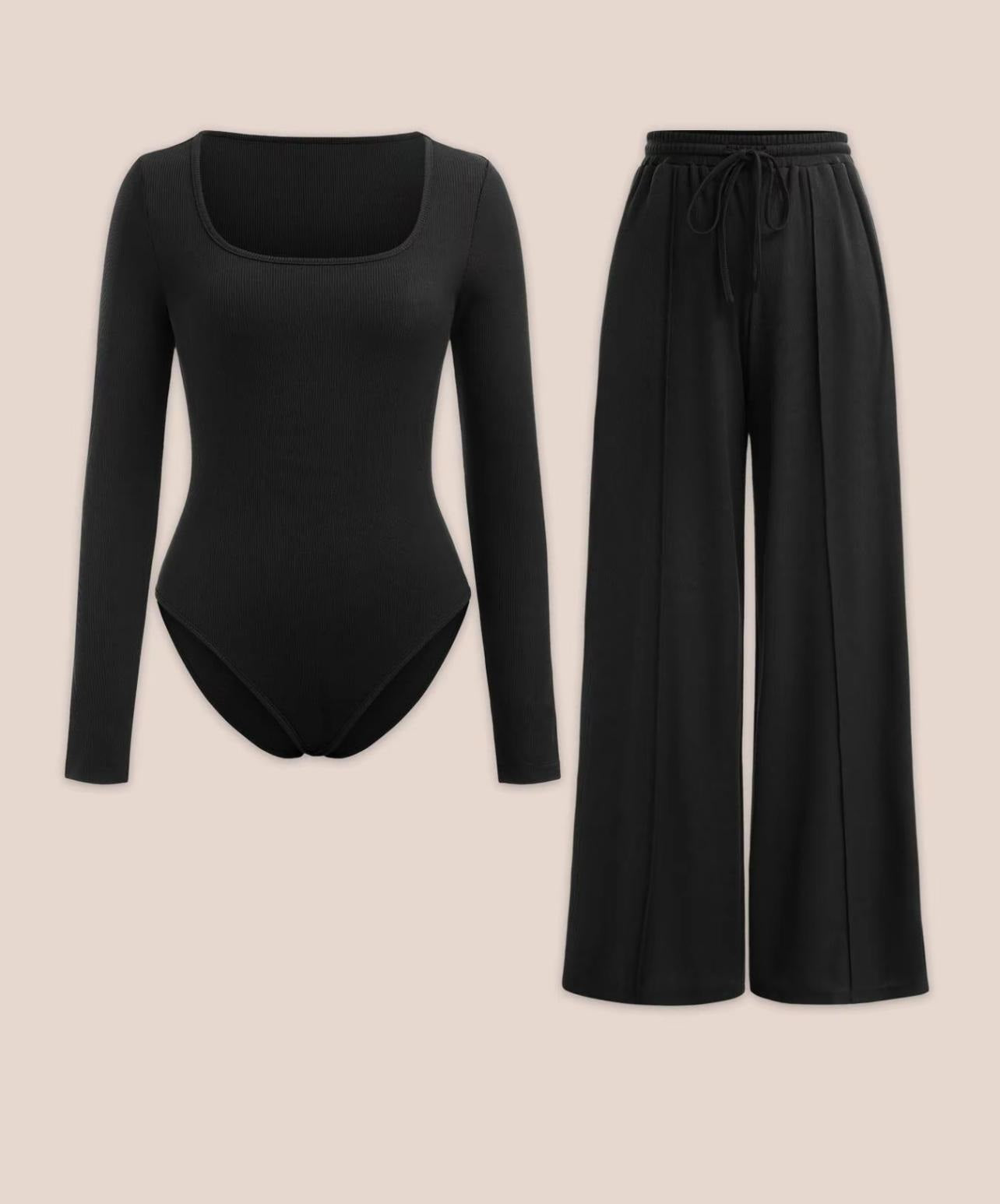 LUXE DIVA Ladies scoop neck Ribbed Long sleeve bodysuit & elasticated wide leg trouser two piece set