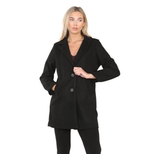 LUXE-DIVE Ladies 2 Pocket Italian Wool Look Long Sleeve Collared Front Button Jacket Coat