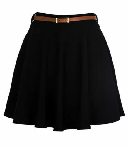 LUXE DIVA Womens Belted Flared Mini Swing Skirt Short Skater Party Plain Ladies UK 8-22