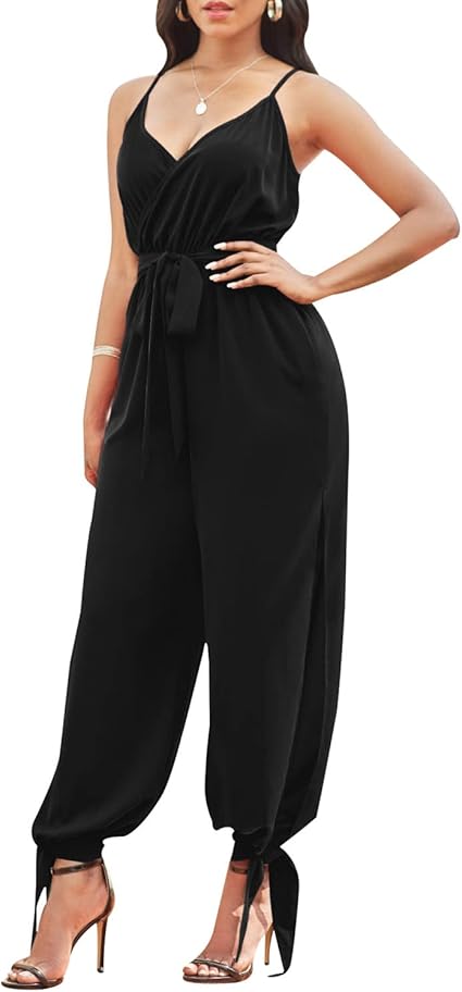 LUXE DIVA Womens V Neck Tie Belted Waist Parachute Wide Leg Jumpsuit Ladies Harem Playsuit