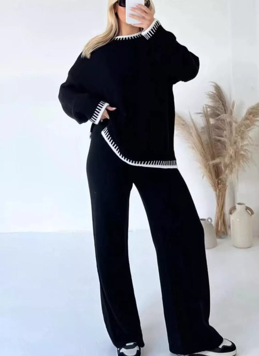 LUXE DIVA Women's Two Piece Lounge Sweater Sets Long Sleeve Knit Pullover Tops Wide Leg Pants Tracksuits