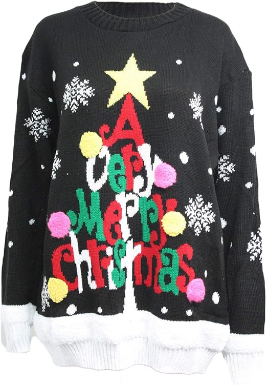 LUXE DIVA  Ladies A Very Merry Christmas Print Round Neck Knitted Jumper Xmas Warm Sweater Dress