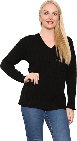 LUXE DIVA Women’s Long Sleeve V Neck Chunky Cable Knit Jumper for Ladies Casual Pullover Sweater for Women UK Size 8-22