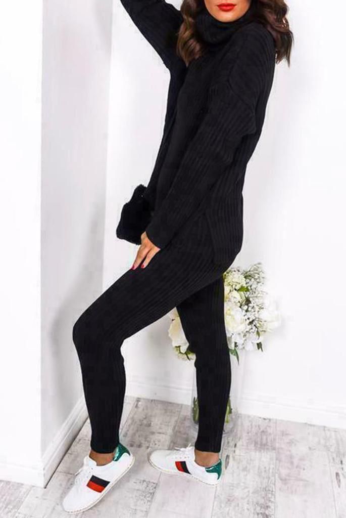 LUXE DIVA Ladies Chunky Cable Knitted Polo High Neck Top Leggings Lounge wear Suit Set