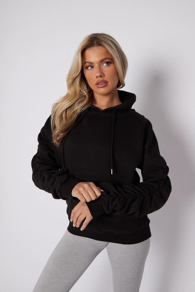 Ladies Ruched Sleeve Fleece Oversized Hooded Sweatshirt Hoodie Womens Top Jumper