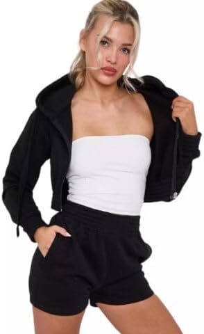 LUXE DIVA New Womens 2pcs Ruched Long Sleeve Cropped Zip Up Hoodie & Short Lounge Set UK