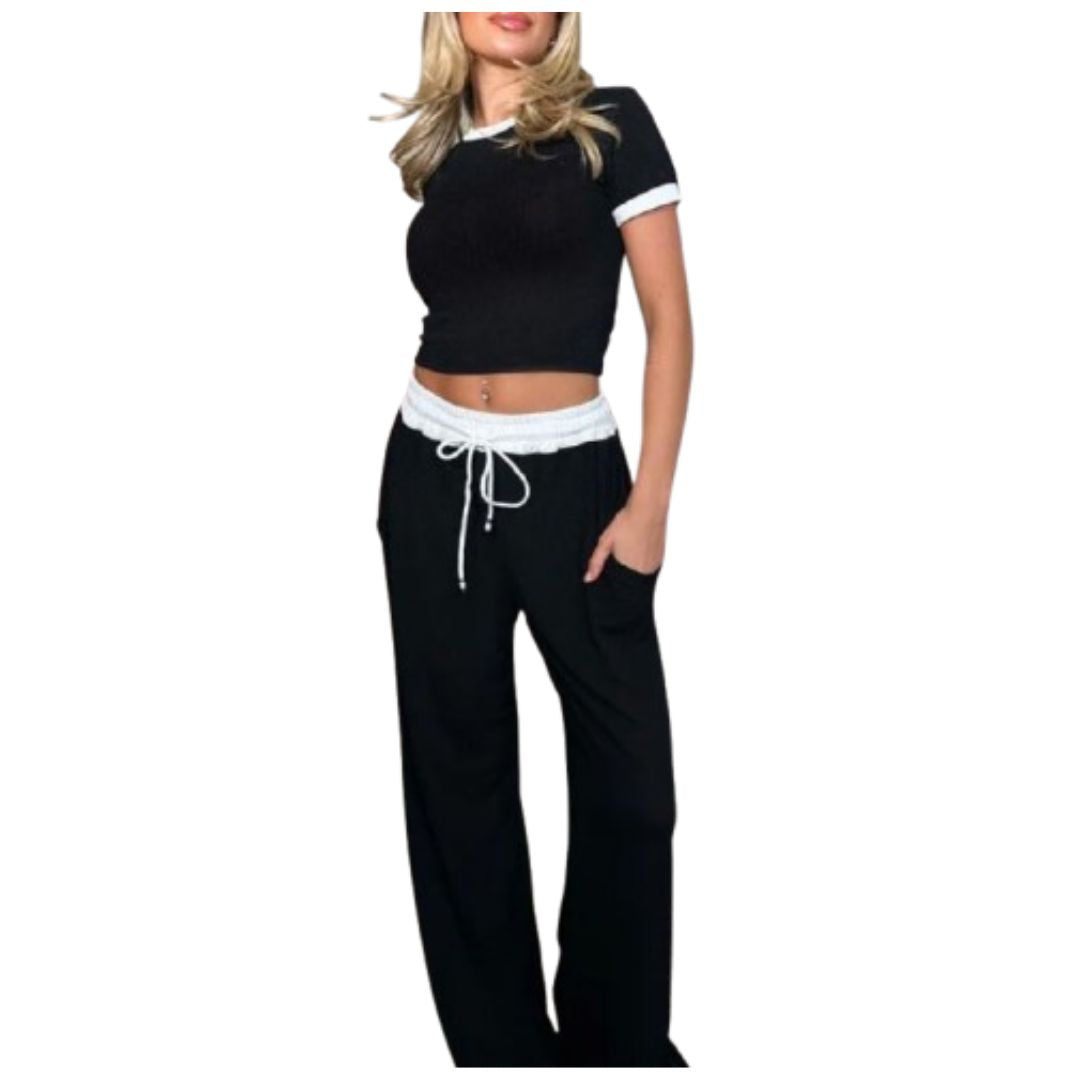 LUXE DIVA Ladies Ribbed Contrast Cap Sleeve Crop Top & Trouser 2 Piece Co ord Set 8-18 Comfort Fit Womenswear Chic Comfortable Cropped Suits Lady Basic