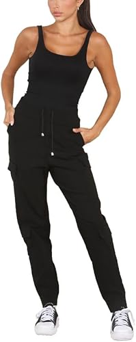 Ladies Cargo Combat Wide Leg Pants Elastic Waist 6 Pockets Work Casual Trousers