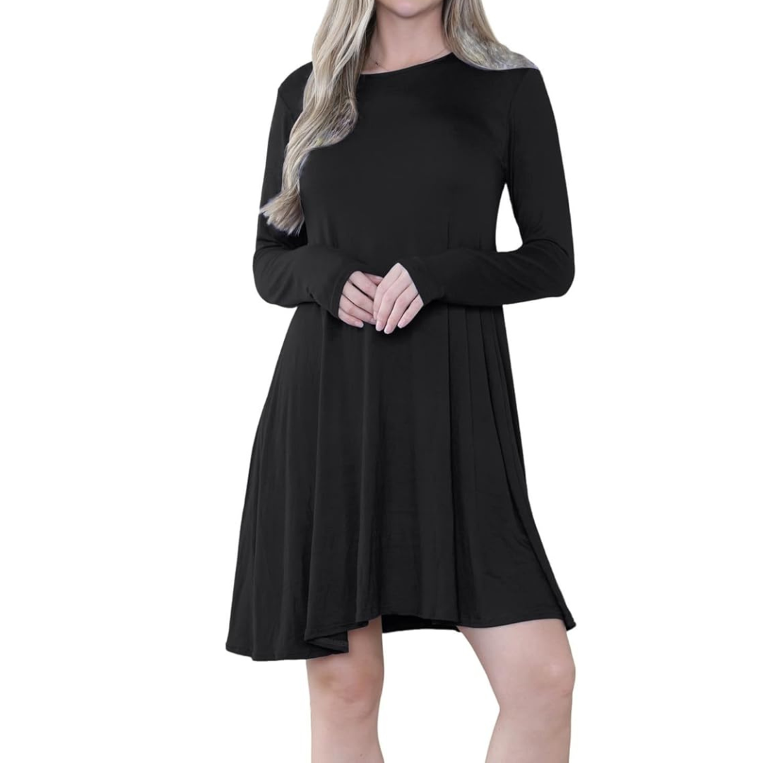 LUXE DIVA WOMEN LADIES LONG SLEEVE SWING DRESS FLARED A LINE SKATER DRESS TOP SIZE 8-26