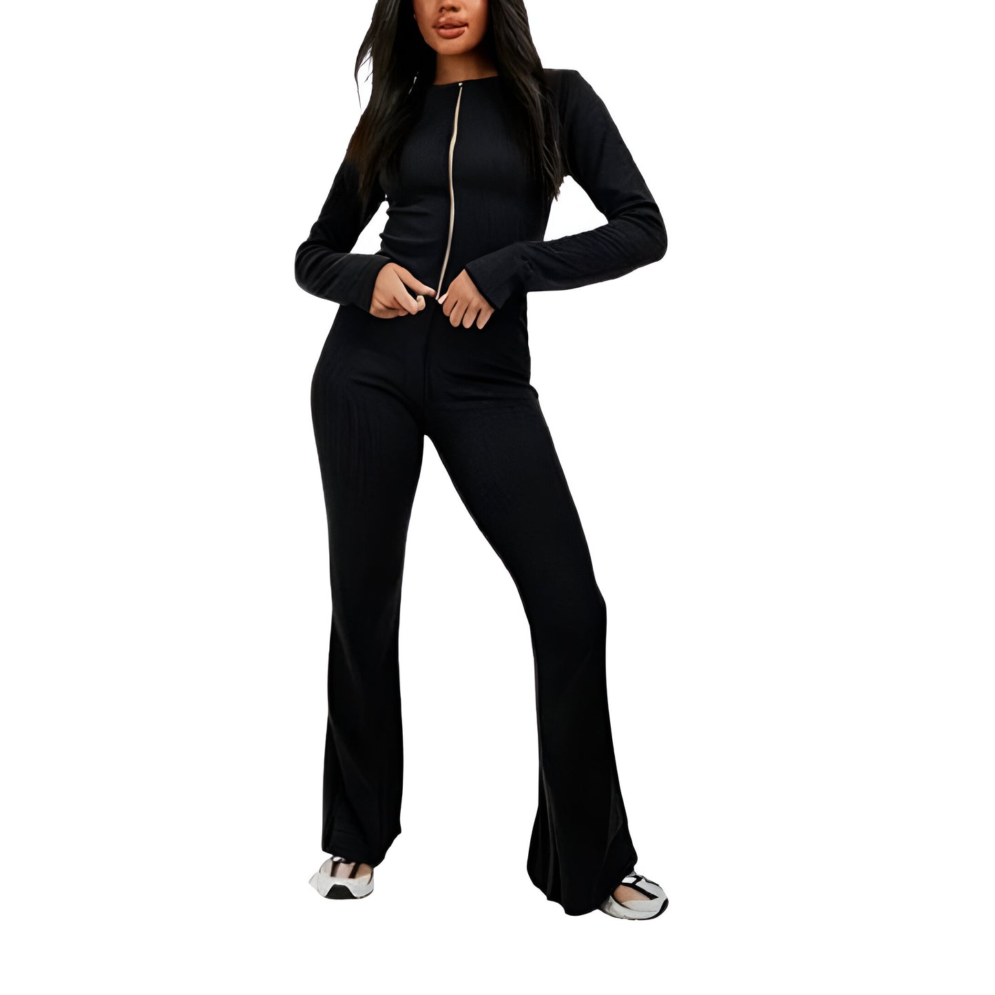 LUXE DIVA Ladies heavy Ribbed zipper two piece long sleeve top and flared trouser