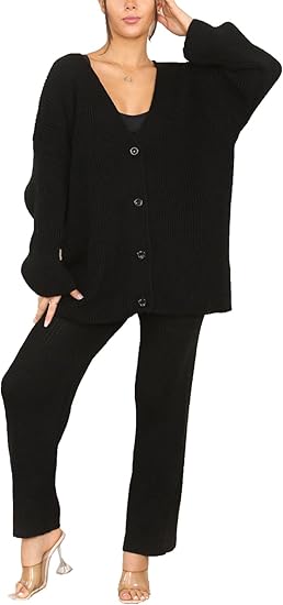 LADIES 2 PIECE CHUNKY KNIT LOUNGE WEAR SUIT ITALAIN  4 BUTTON V/N CARDIGAN OVERSIZE WIDE LEG KNIT TRS LEGGINGS