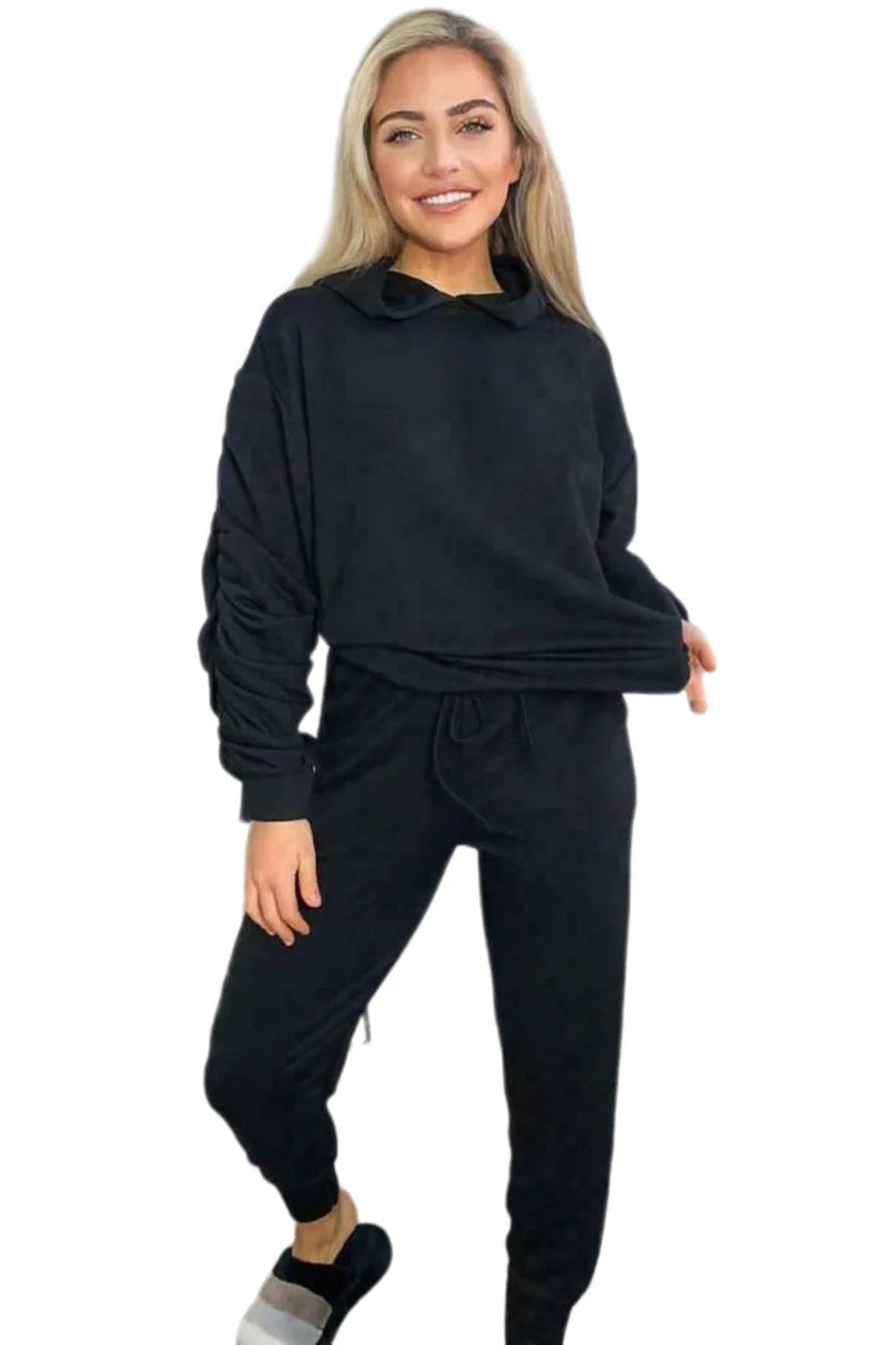 LUXE DIVA Women Ladies Ruched Sleeve Hoodie top & Bottom Suit Loungewear Tracksuit Set UK