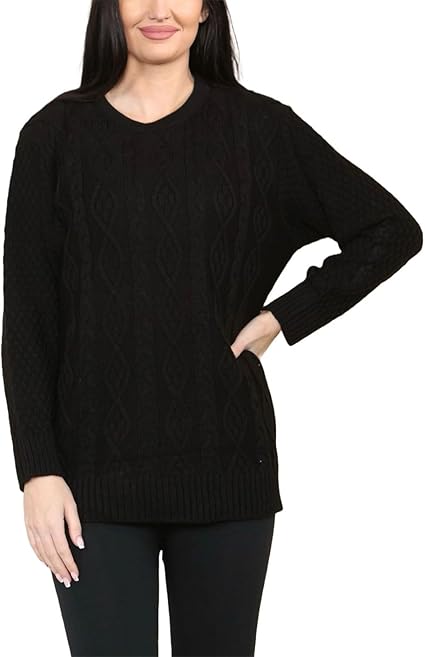 LUXE DIVA LADIES ROUND NECK LONG SLEEVE KNITTED JUMPER SELF PATTERN WITH DIAMOND ALL WAY DOWN CABLE KNIT