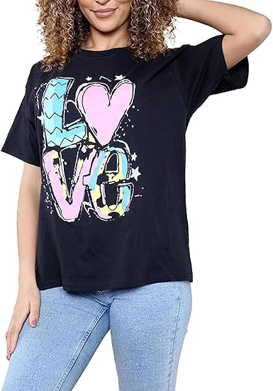 New Womens Ladies Short Sleeve Oversize Colorful LOVE Print Summer T-Shirt Top