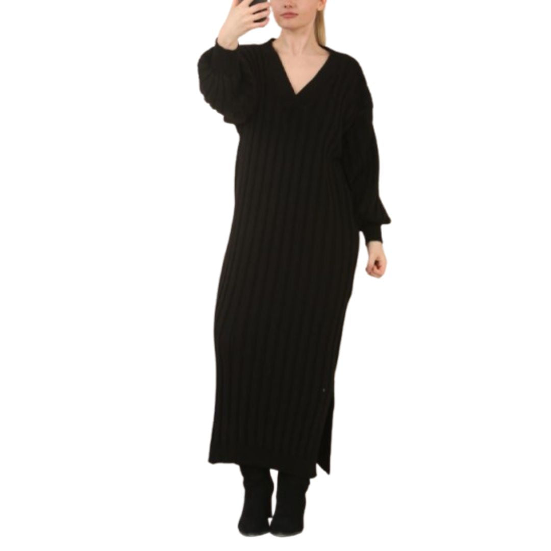 LUXE DIVA LADIES V Neck HIGH FUNNEL NECK LONG MAXI LENGTH KNITTED DRESS NOW IN STOCK