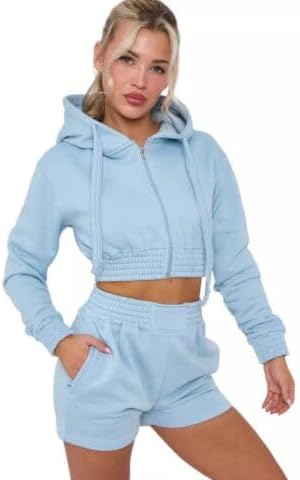 LUXE DIVA New Womens 2pcs Ruched Long Sleeve Cropped Zip Up Hoodie & Short Lounge Set UK