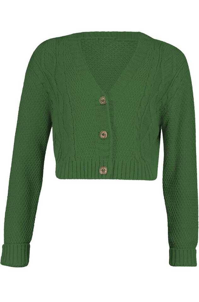 NEW Women's Chunky Cable Knitted Cardigan 3 Button Long Sleeves Crop Top Short