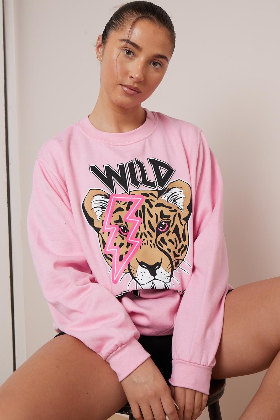 Ladies Wild Thang Tiger Print Slogan Sweatshirt Womens Halloween Jumper Casual Top Ladies Oversized Sweater Jumper Top