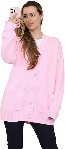 LADIES WOMENS PLAIN V NECK 5 BUTTON LONGLINE OVERSIZE LOOSE FIT KNITTED CARDIGAN