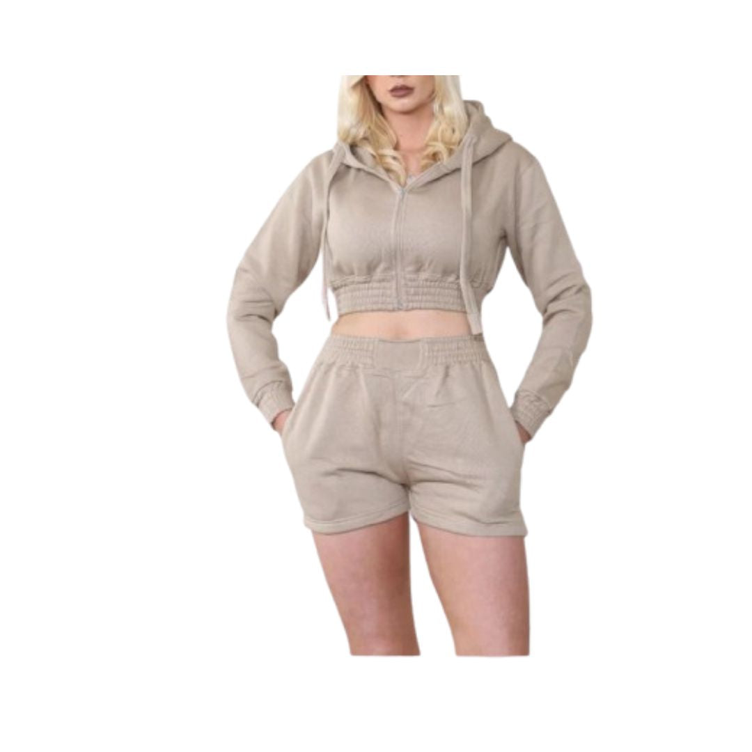 LUXE DIVA New Womens 2pcs Ruched Long Sleeve Cropped Zip Up Hoodie & Short Lounge Set UK