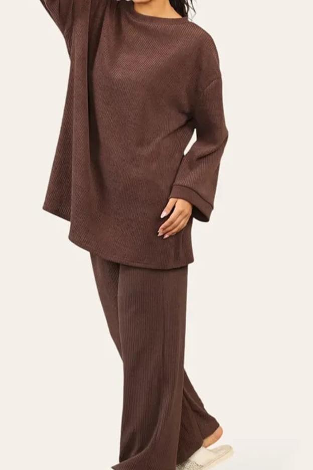 LUXE DIVA Crew Neck Wide Leg Trousers Loungewear Set Co-Ord