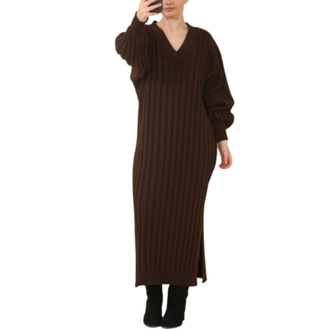 LUXE DIVA LADIES V Neck HIGH FUNNEL NECK LONG MAXI LENGTH KNITTED DRESS NOW IN STOCK